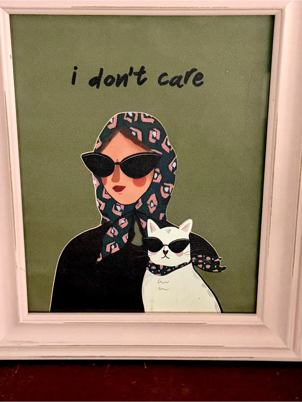 “I Don’t Care” Cat Lady Vintage Style Framed Wall Art Print Pink Green 10.5x12.5